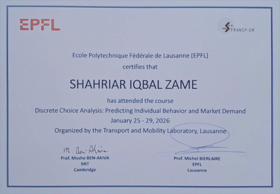Certificate: Discrete Choice Analysis: Predicting Individual Behavior and Market Demand, January 25 - 29, 2026, Ecole Polytechnique Fédérale de Lausanne, Switzerland